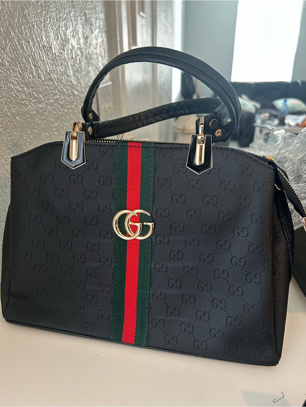 Gucci Black Leather Satchel with Green and Red Web Stripe and Gold Hardware